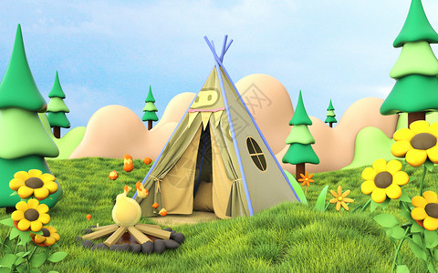 露营篝火卡通旅游场景设计图片