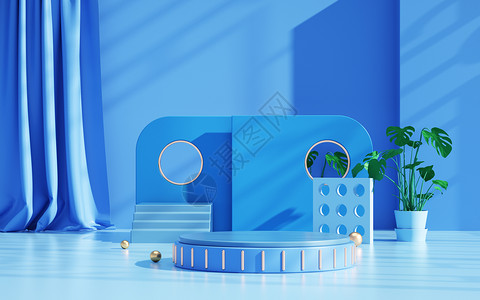 盒子与绿植蓝色清新电商展台设计图片