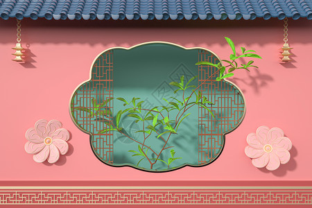 红墙下的花国风创意背景设计图片