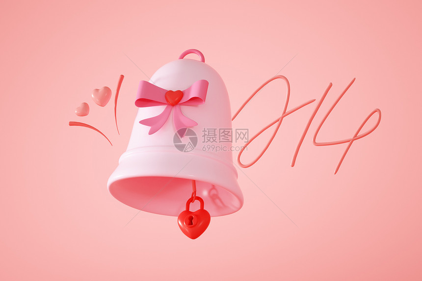 创意C4D情人节粉色爱心铃铛3D立体模型图片