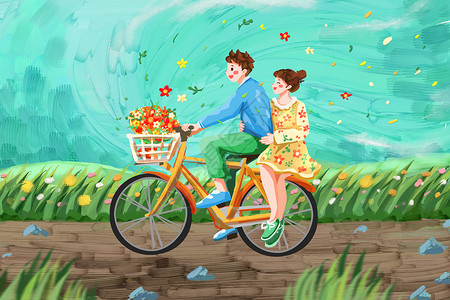 自行车唯美油画风春天情人节情侣骑车踏青插画插画