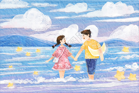 可爱孩子和月亮情人节油画情侣海边月亮星星唯美治愈系插画插画