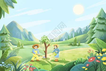 春天节气自然植树插画背景图片