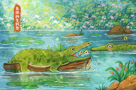 水潭世界野生动物日之奥瑞纳克鳄鱼插画