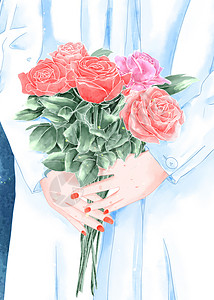 手拿一束玫瑰花情人节之手捧玫瑰花的双手插画