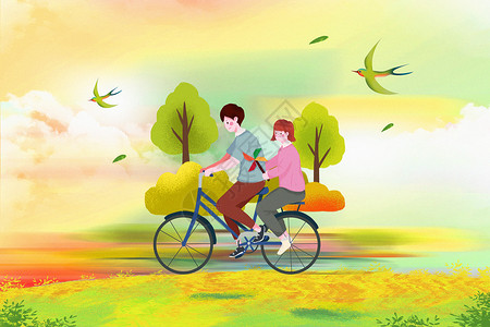 情侣骑自行车手绘风春游踏青设计图片