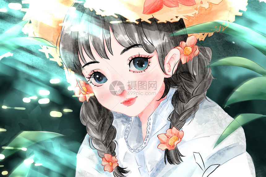 春天女孩踏青插画图片