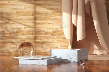 棕色窗帘简约木纹大理石展台设计图片