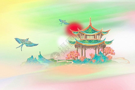 寺庙手绘清新国潮风春天背景设计图片