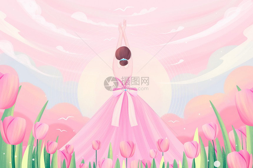 浪漫唯美妇女节女神节粉色郁金香插画图片