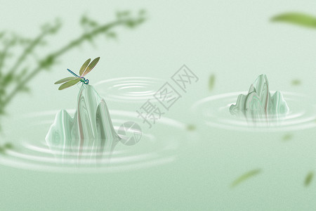 中式水纹树叶蜻蜓背景图片