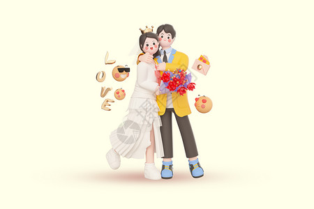 婚纱设计师制作婚纱形象c4d情侣婚纱潮流甜蜜形象模型插画