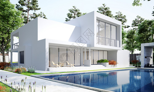 室外泳池3D春天建筑场景设计图片