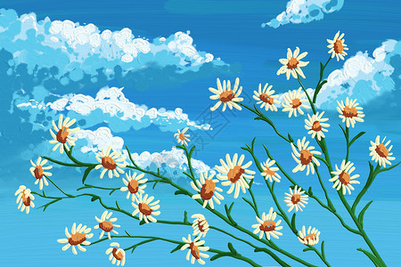 蓝色春天天空云朵小黄花图片