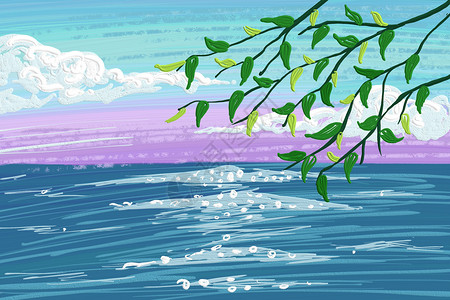 绿色油画纹理蓝紫色春天天空海洋浪花树叶发芽插画