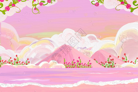 油画情人节粉红色浪漫花朵海浪山脉背景图片