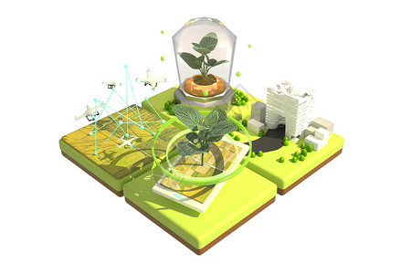c4d植物新能源小场景智慧农业城市插画