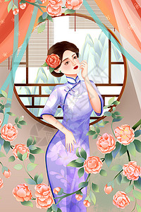 晚礼服女性三月八日女神节民国风旗袍女性插画插画