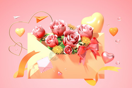 一束粉色玫瑰鲜花信封背景设计图片