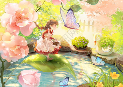 粉色花朵盆栽治愈插画花园里的小女孩插画