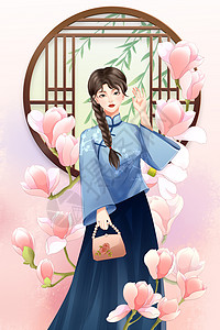 三月八日女神节民国风学生装少女插画图片