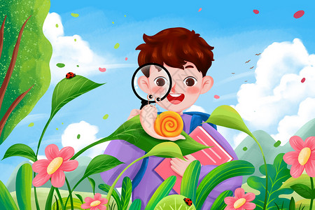 花园意境观察蜗牛的男孩插画插画