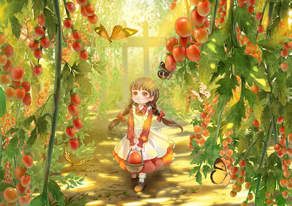 采摘番茄治愈插画摘果实的小女孩插画