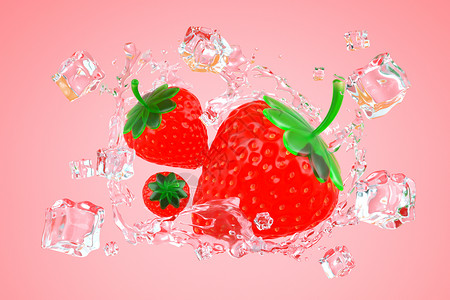 春季冰草莓水果漂浮场景设计图片