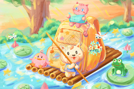 油画棒梦幻涂鸦春天划竹筏旅行的小动物插画图片