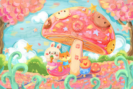 树根上面的蘑菇油画棒梦幻涂鸦春天樱花蘑菇小动物插画插画
