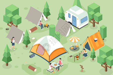 帐篷区2.5D露营营地插画