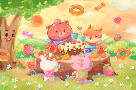 树桩蛋糕油画棒梦幻涂鸦春天野餐的小动物插画插画