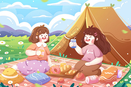 露营野营海报小清新两个女孩一起郊游插画插画