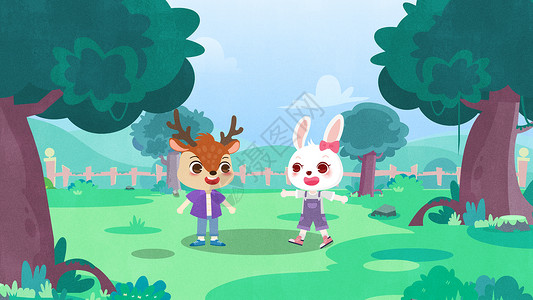 两只小鹿儿童插画之小兔子邀请小鹿一起玩游戏插画