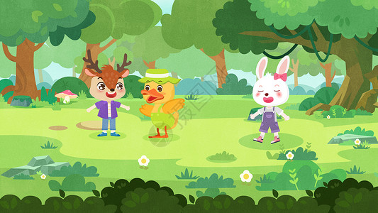 儿童插画之森林里正在捉迷藏玩耍的小动物们高清图片