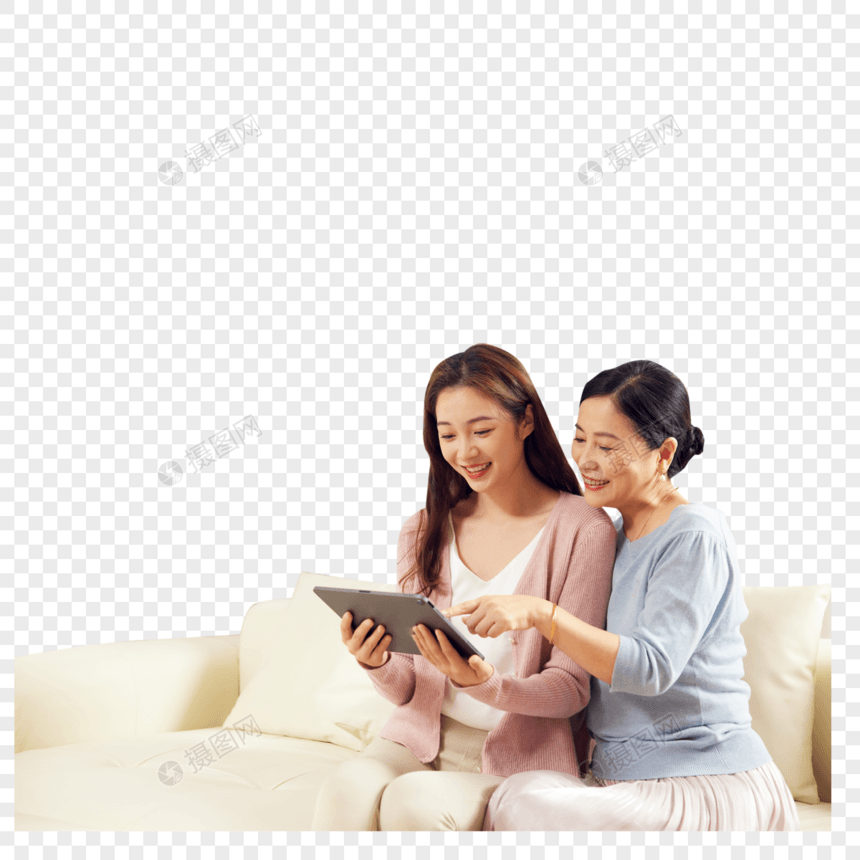 家庭母女一起看平板电脑图片