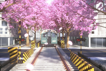 樱花建筑3D唯美樱花火车站场景设计图片