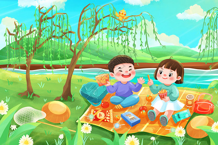 春天春分节气春游野餐的学生插画图片