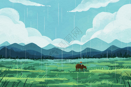 马用雨毯清明踏青小孩骑牛插画