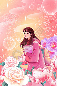 美女大学生青春大学生妇女节唯美粉色手绘插画插画