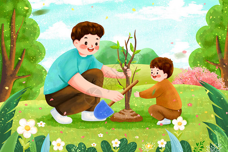 父亲和孩子一起种树插画图片