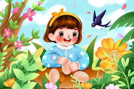 中立的春天在花丛中立鸡蛋的女孩插画插画