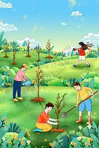 植树节春天绿色人物手绘插画图片