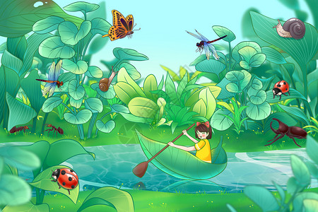 蝴蝶蜻蜓二十四节气惊蛰昆虫植物绿叶插画
