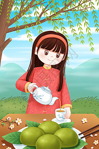 清明节吃青团泡茶的女孩图片