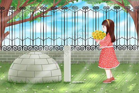 国殇墓园清明节墓碑前祭拜的女孩插画