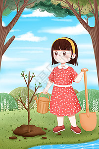 植树节种树的小女孩背景图片