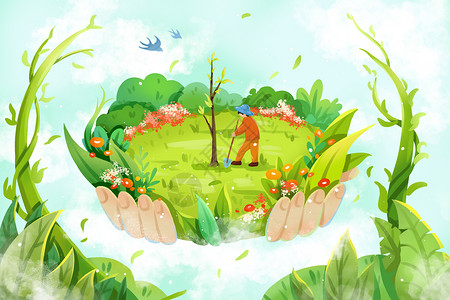 绿色植树节植树自然插画背景图片