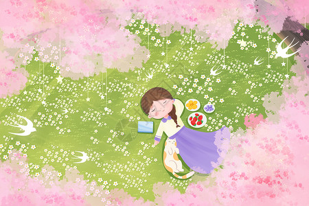 春天躺在草地上睡觉的小女孩和猫高清图片