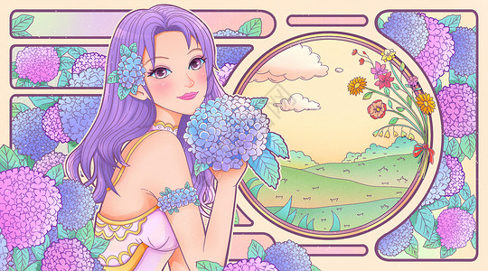 女神节妇女节少女绣球花卉卡牌海报横版插画背景图片